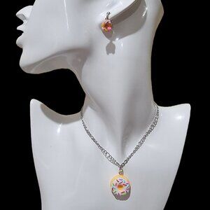 Donut Charm Necklace and Plain Donut Earring Set - Multicolor